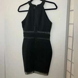 Lipsy London - Black High Neck Halter rib mini dress  with mesh peekaboos - US 4